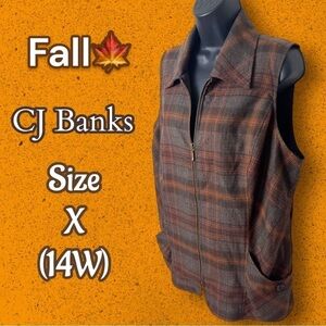 Cj Banks Plaid Fall Lined Vest Orange Brown Size 14 (X)